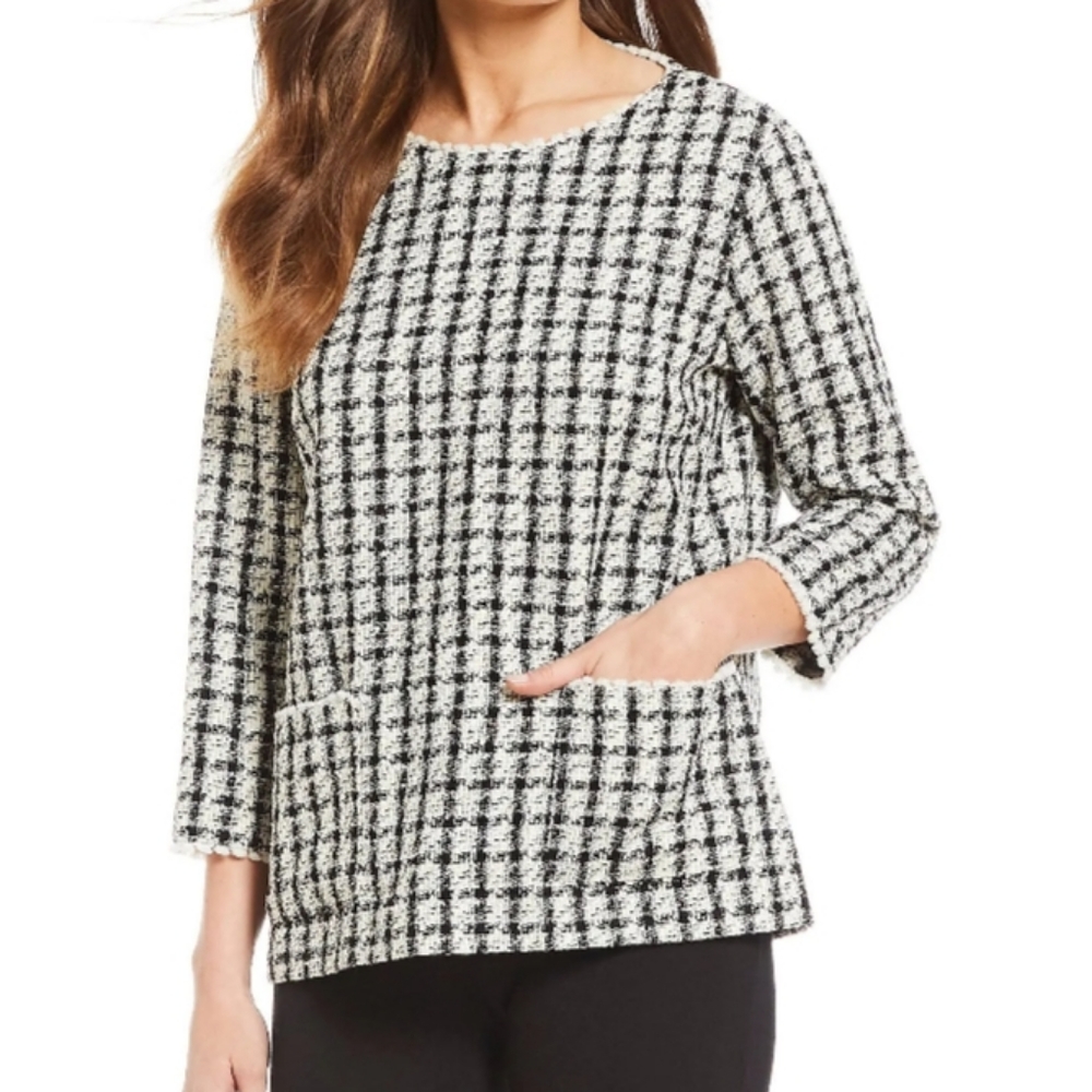 John Mark Boucle houndstooth front pockets mid sleeve top blouse Medium